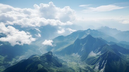 Fototapeta premium Swirling clouds over towering mountains in the summer , Swirling clouds, towering mountains, summer