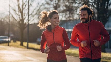 Fototapeta premium couple running in the park in red exercise suit.
