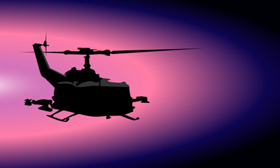 
Silhouette of a military helicopter on a purple background. Vector illustration for design and creation of illustrations in military style - obrazy, fototapety, plakaty