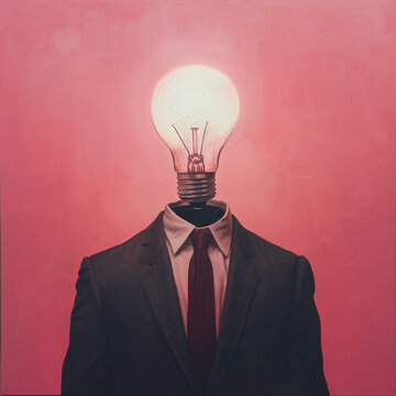 portrait of a man in suit with a light bulb lighting as head, neon tones background