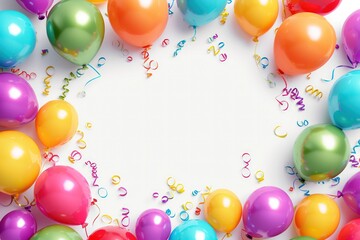 A colorful celebration background with balloons, confetti, radiating joy and festivity.