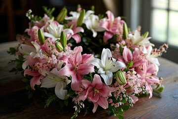 A tender and romantic flower arrangement with a pink and white bouquet, featuring lilies, and other blossoms.