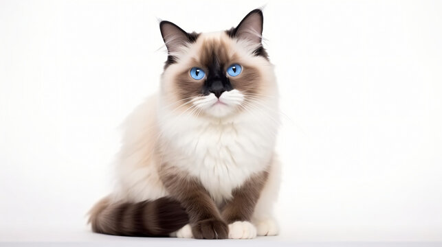 Pretty bicolor Ragdoll cat sitting up facing
