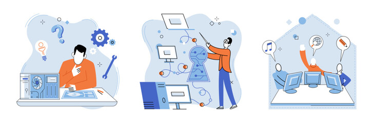 Computer troubleshooting. Vector illustration. Working with computers requires regular maintenance and troubleshooting Engineering plays vital role in technology and technological advancements