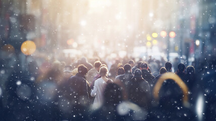 winter in the city, snowfall weather, people on the street in light snowflakes falling merry christmas mood abstract background of the city crowd at Christmas