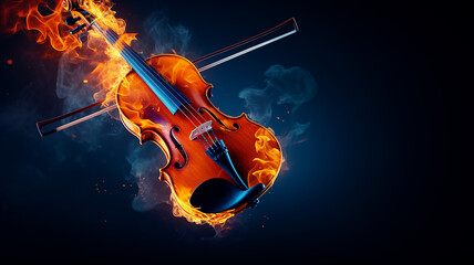 musical background, burning violin on a dark background, hot classical music concept,  album cover melody and rhythm modern graphics
