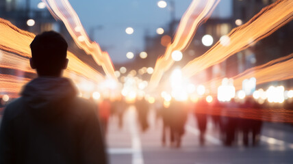 traffic in the city, the silhouette of a man against the background of blurred traffic tracks, headlights, night urban life,  motion blur abstract background