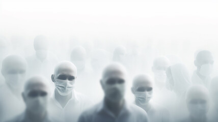 crowd of abstract silhouettes of people in medical masks, social issue, grim horror zombie apocalypse background