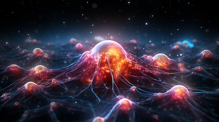 neurons under strong magnification, neural network live impulses transmitted through nerves, abstract fictional background computer graphics, structure of a living brain cell - obrazy, fototapety, plakaty