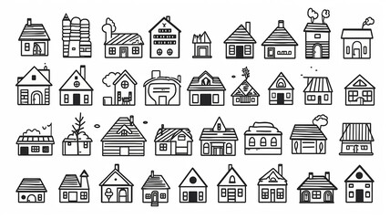 collection of icons of small houses isolated on a white background, flat minimalism graphics, set of illustrations of simple houses