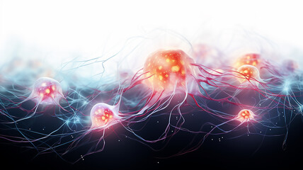 neurons under strong magnification, neural network live impulses transmitted through nerves, abstract fictional background computer graphics, structure of a living brain cell