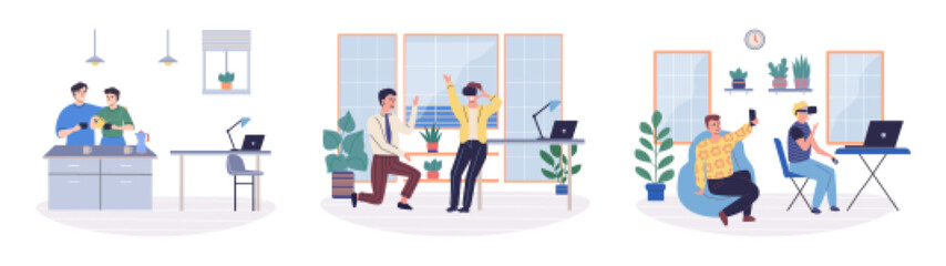 Office rest vector illustration. Taking breaks for fun and entertainment in workplace fosters sense joy and fulfillment Engaging in pastime activities during office rest breaks brings happiness