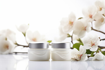 Cosmetic cream jars mockup on white background with spring flowers. Skin care product package design.