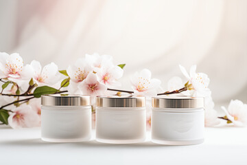 Fototapeta na wymiar Cosmetic cream jars mockup on white background with spring flowers. Skin care product package design.