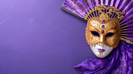 purple and yellow venetian or masquerade mask, feather, confetti and hand fan. over on the purple...