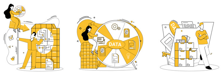 Data management vector illustration. Business, finance, and industry converge at crossroads data analytics mastery Accounting finds clarity through lens analytics, ensuring precision in records