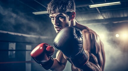 Young male boxer wearing boxing gloves takes a boxing stance, preparing to punch while training in a dimly lit gym. concept: boxing training, gym