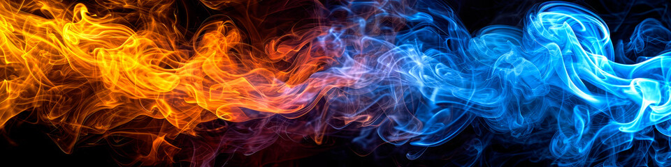 Yellow, blue and orange colored smoke on black background wide angle.