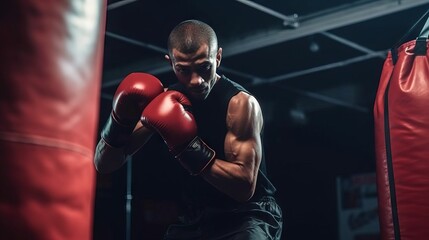 Young male boxer wearing boxing gloves takes a boxing stance, preparing to punch while training in a dimly lit gym. concept: boxing training, gym