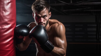 Fototapeta na wymiar Young male boxer wearing boxing gloves takes a boxing stance, preparing to punch while training in a dimly lit gym. concept: boxing training, gym