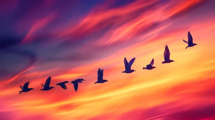 Selbstklebende Fototapeten Migratory birds in flight against a colorful sky during seasonal journey. World wildlife day © Tazzi Art