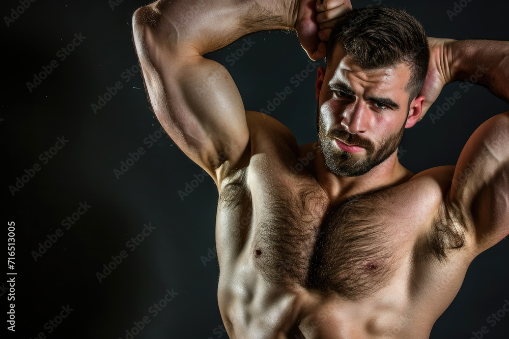 Poster Handsome top model man bodybuilder flexing big wide shoulders, showing off muscles