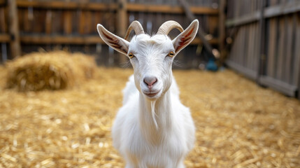 Farmyard Curiosity: White Goat with Prominent Horns Looking at Camera