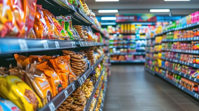 Grocery Aisle Abundance: Supermarket Shelves Stocked with Various Packaged Foods