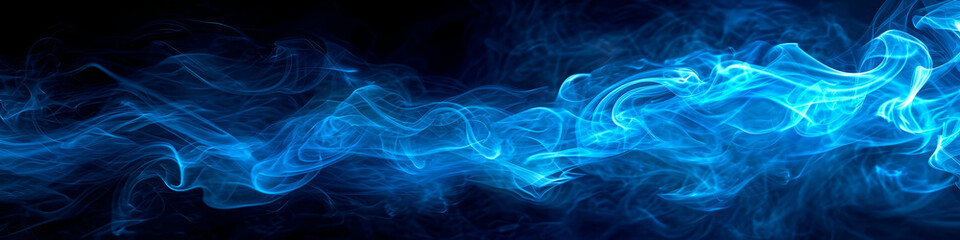 Blue swirling flowing smoke on black background wide format illustration. 