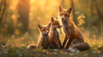 Fototapeta premium A family of red foxes in the forest during sunrise. World wildlife day concept