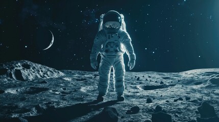 Lunar Exploration: Astronaut Standing Alone on the Moon's Surface - obrazy, fototapety, plakaty