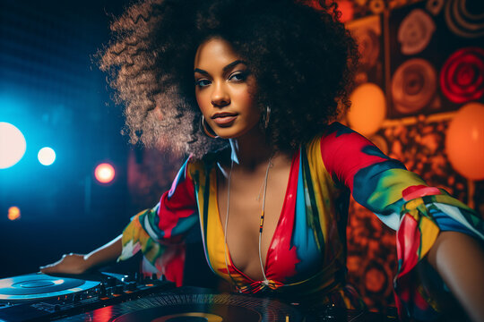 Dj person girl guy on stage turning on best music beat headphones turntable equipment Generative AI