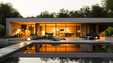 Fototapeta premium Modern House with Pool at Twilight - Contemporary Architecture and Design