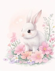 Naklejka na ściany i meble simple watercolor floral illustration of cute little rabbit. Easter egg theme.