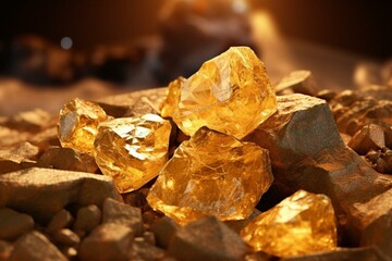 Detailed close up of natural gold ore and large mine nugget. Realistic and stunning illustration. Generative AI