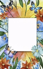 watercolor illustration of a background with a blank square in the center. Butterflies, hearts, and colorful assorted wildflowers around the  blank square.