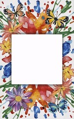 watercolor illustration of a background with a blank square in the center. Butterflies, hearts, and colorful assorted wildflowers around the  blank square.