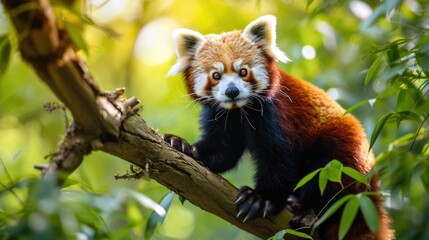 Fototapeta premium Vivid Wildlife Photography: Red Panda Perched in a Lush Green Tree