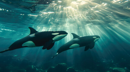 Obraz premium Oceanic Parade: A Pod of Orcas Swimming in Sunlit Waters