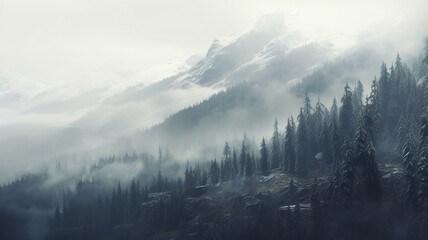 landscape, quiet misty valley in the mountains, forest panorama aero view