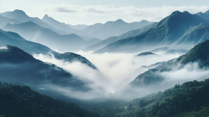 landscape, quiet misty valley in the mountains, forest panorama aero view