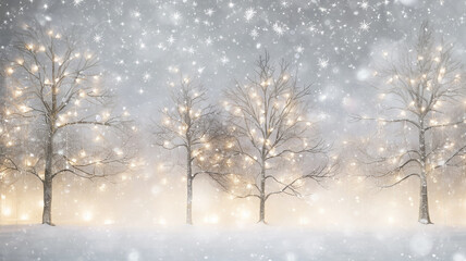 blurry Christmas background, a winter forest in a snowfall, snow-covered trees decorated with small glowing lights, a fairytale landscape