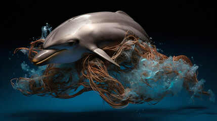 3d illustration of a dolphin tangled in a fishing