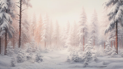 Fototapeta na wymiar fog in the winter forest landscape at dawn, calm wildlife, bright white panoramic view