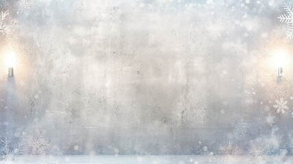 christmas background, empty blank wall decorated with glowing bulbs, snowfall, blurred abstract background