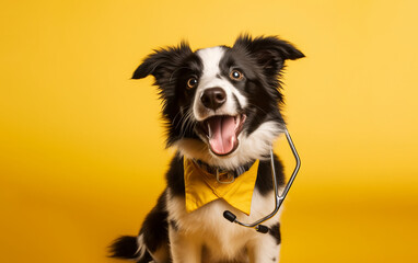 Puppy dog border collie holding stethoscope in mouth isolated on yellow background. Purebred pet dog on reception at veterinary doctor in vet clinic. Pet health care and animals concept