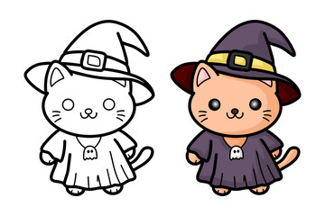 learn to color a cat wearing a witch costume, coloring book, coloring pages for children.