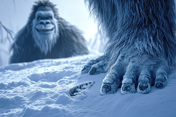 bigfoot big leg on the snow, other bigfooot yeti smiling on the back - obrazy, fototapety, plakaty