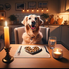 A humorous digital illustration of a dog seated at a dinner table set for a romantic evening, yet the dog is the only one there. - obrazy, fototapety, plakaty