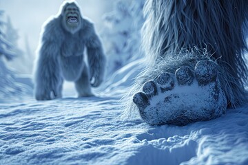 bigfoot big leg on the snow, other bigfooot yeti smiling on the back - obrazy, fototapety, plakaty